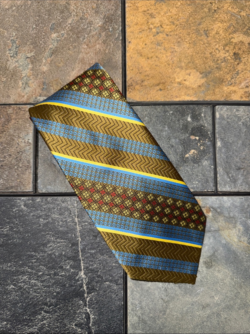 Towncraft Vintage Penney’s Olive Green Tie with Blue and Yellow Diagonal Stripes